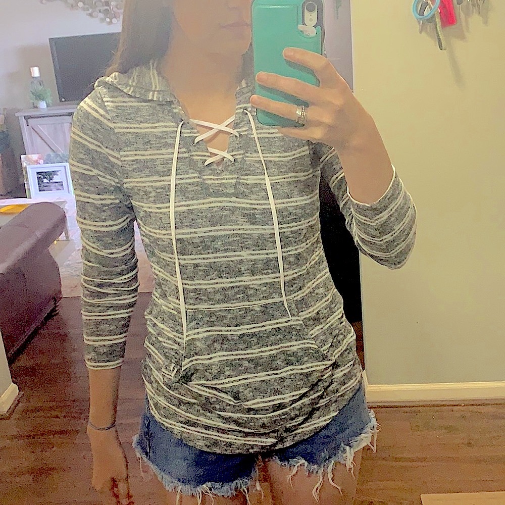 Gray/White striped long sleeved hooded tee